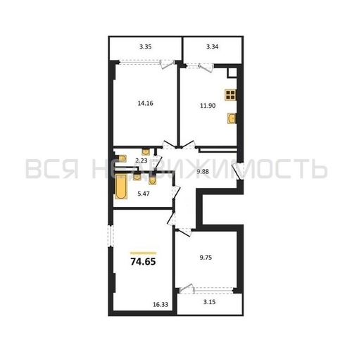 3-комнатная квартира, 74.65кв.м - изображение 0