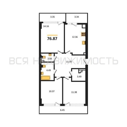 3-комнатная квартира, 76.87кв.м - изображение