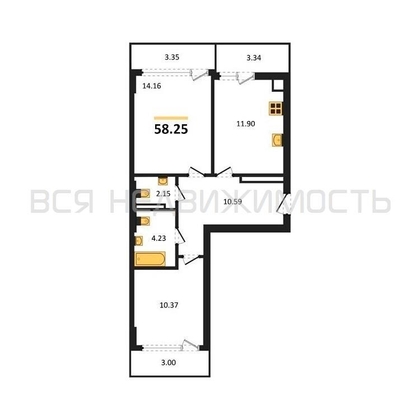2-комнатная квартира, 58.25кв.м - изображение
