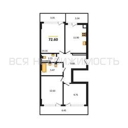 3-комнатная квартира, 72.6кв.м 3-комнатная квартира, 72.6кв.м - изображение 1