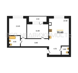 2-комнатная квартира, 70.6кв.м 2-комнатная квартира, 70.6кв.м - изображение 1