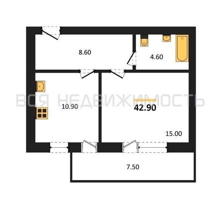 1-комнатная квартира, 42.9кв.м - изображение