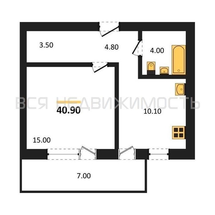 1-комнатная квартира, 40.9кв.м - изображение