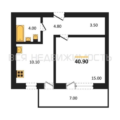 1-комнатная квартира, 40.9кв.м - изображение