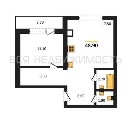 1-комнатная квартира, 48.9кв.м - изображение