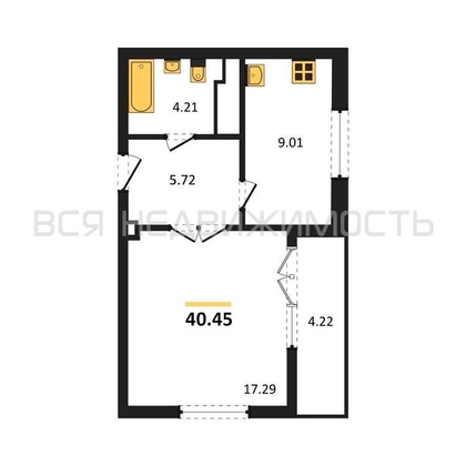 1-комнатная квартира, 40.45кв.м 1-комнатная квартира, 40.45кв.м - изображение