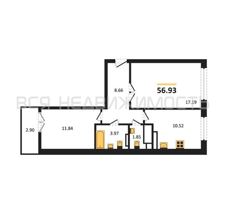 2-комнатная квартира, 56.93кв.м - изображение