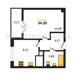 1-комнатная квартира, 34.39кв.м 1-комнатная квартира, 34.39кв.м - изображение 1