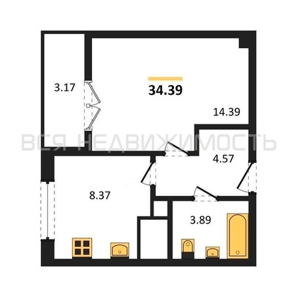1-комнатная квартира, 34.39кв.м - изображение