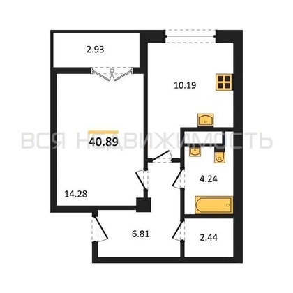 1-комнатная квартира, 40.89кв.м - изображение