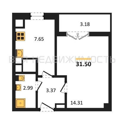 1-комнатная квартира, 31.5кв.м - изображение