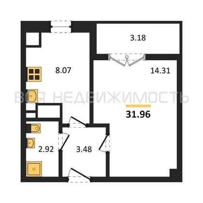 1-комнатная квартира, 31.96кв.м - изображение