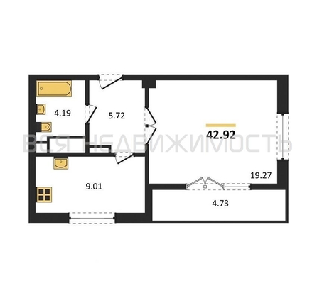 1-комнатная квартира, 42.92кв.м - изображение