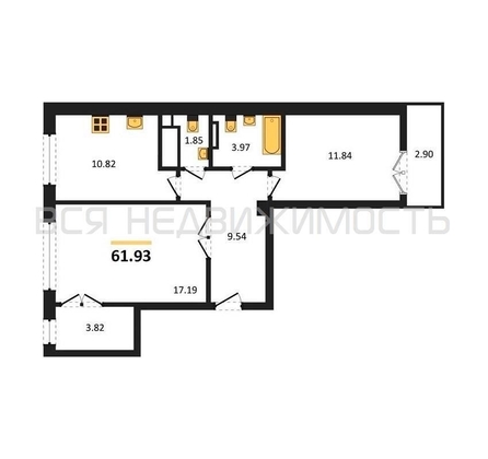 2-комнатная квартира, 61.93кв.м - изображение