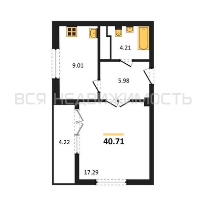 1-комнатная квартира, 40.71кв.м - изображение