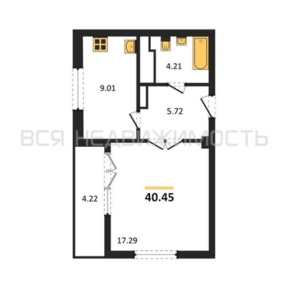 1-комнатная квартира, 40.45кв.м - изображение
