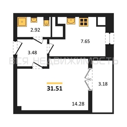 1-комнатная квартира, 31.51кв.м - изображение