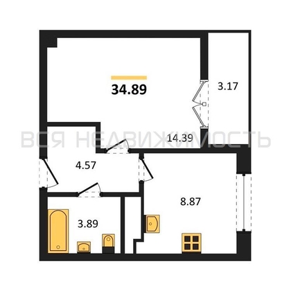 1-комнатная квартира, 34.89кв.м - изображение