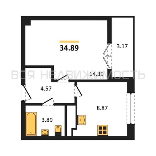 1-комнатная квартира, 34.89кв.м - изображение 0