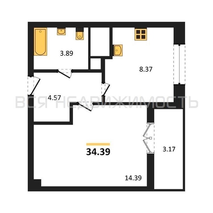 1-комнатная квартира, 34.39кв.м - изображение