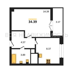 1-комнатная квартира, 34.39кв.м 1-комнатная квартира, 34.39кв.м - изображение 1