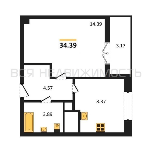 1-комнатная квартира, 34.39кв.м - изображение 0