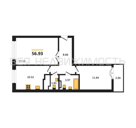 2-комнатная квартира, 56.93кв.м - изображение