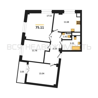 3-комнатная квартира, 75.11кв.м - изображение