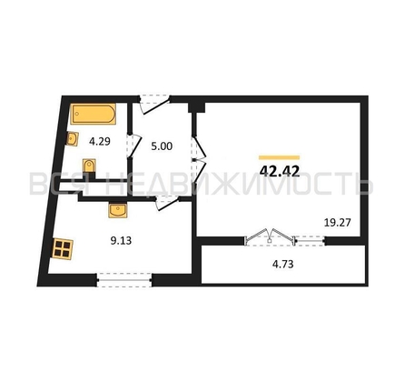 1-комнатная квартира, 42.42кв.м - изображение