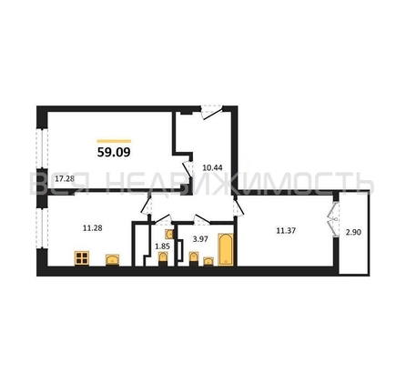 2-комнатная квартира, 59.09кв.м - изображение
