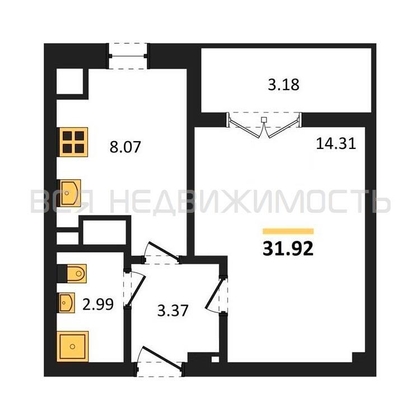 1-комнатная квартира, 31.92кв.м - изображение