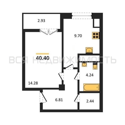 1-комнатная квартира, 40.4кв.м - изображение
