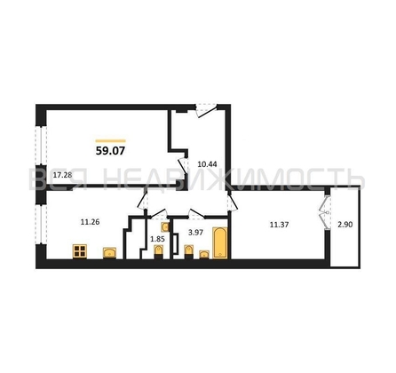 2-комнатная квартира, 59.07кв.м - изображение