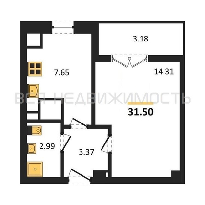 1-комнатная квартира, 31.5кв.м - изображение