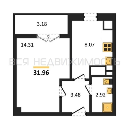 1-комнатная квартира, 31.96кв.м - изображение