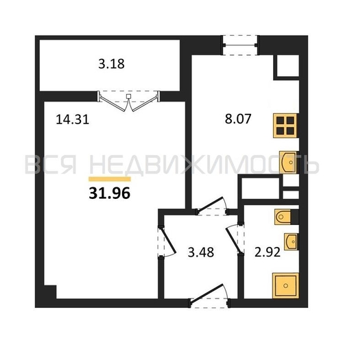 1-комнатная квартира, 31.96кв.м - изображение 0