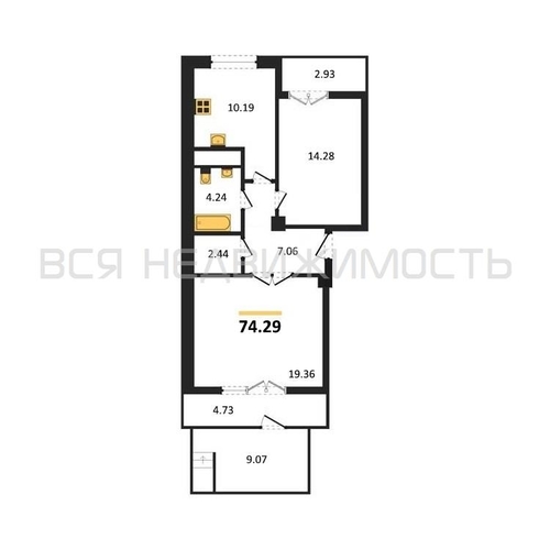 2-комнатная квартира, 74.29кв.м - изображение 0