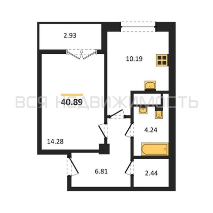1-комнатная квартира, 40.89кв.м - изображение