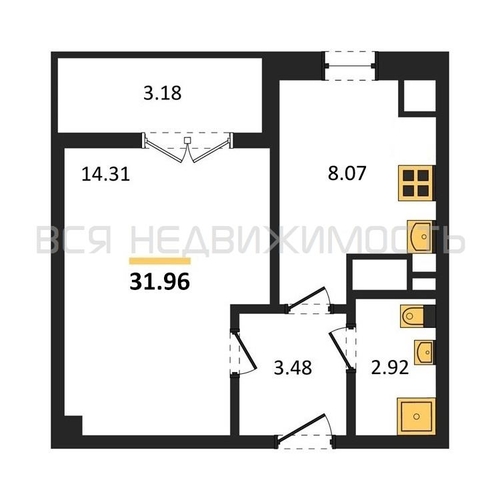 1-комнатная квартира, 31.96кв.м - изображение 0