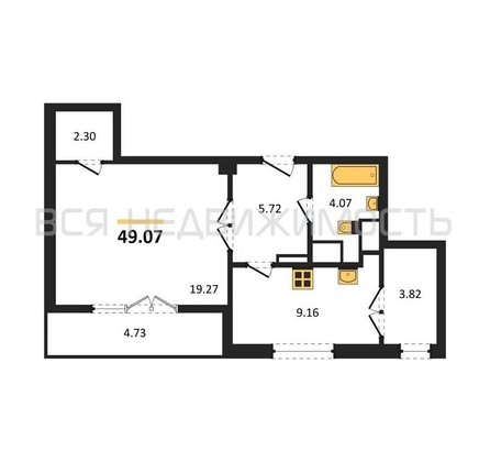 1-комнатная квартира, 49.07кв.м - изображение