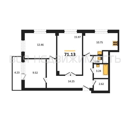 3-комнатная квартира, 71.13кв.м - изображение