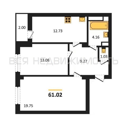 2-комнатная квартира, 61.02кв.м 2-комнатная квартира, 61.02кв.м - изображение