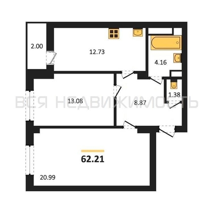 2-комнатная квартира, 62.21кв.м 2-комнатная квартира, 62.21кв.м - изображение