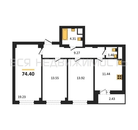 3-комнатная квартира, 74.4кв.м - изображение