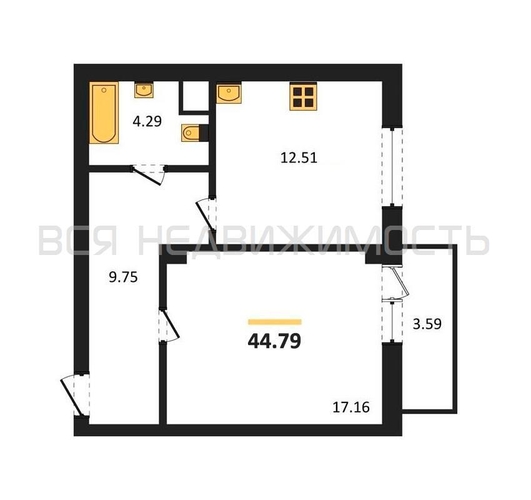 1-комнатная квартира, 44.79кв.м - изображение 0
