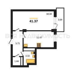 1-комнатная квартира, 41.37кв.м 1-комнатная квартира, 41.37кв.м - изображение 1