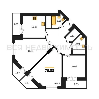 3-комнатная квартира, 76.33кв.м - изображение