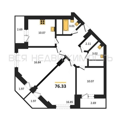 3-комнатная квартира, 76.33кв.м - изображение