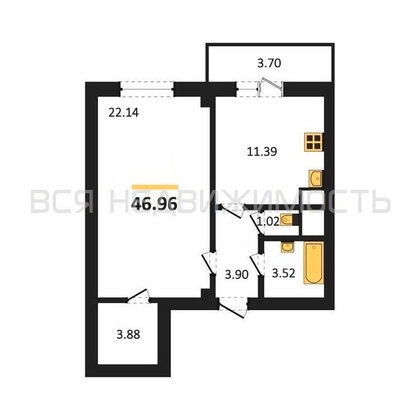 1-комнатная квартира, 46.96кв.м - изображение