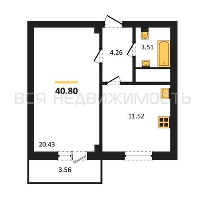 1-комнатная квартира, 40.8кв.м - изображение